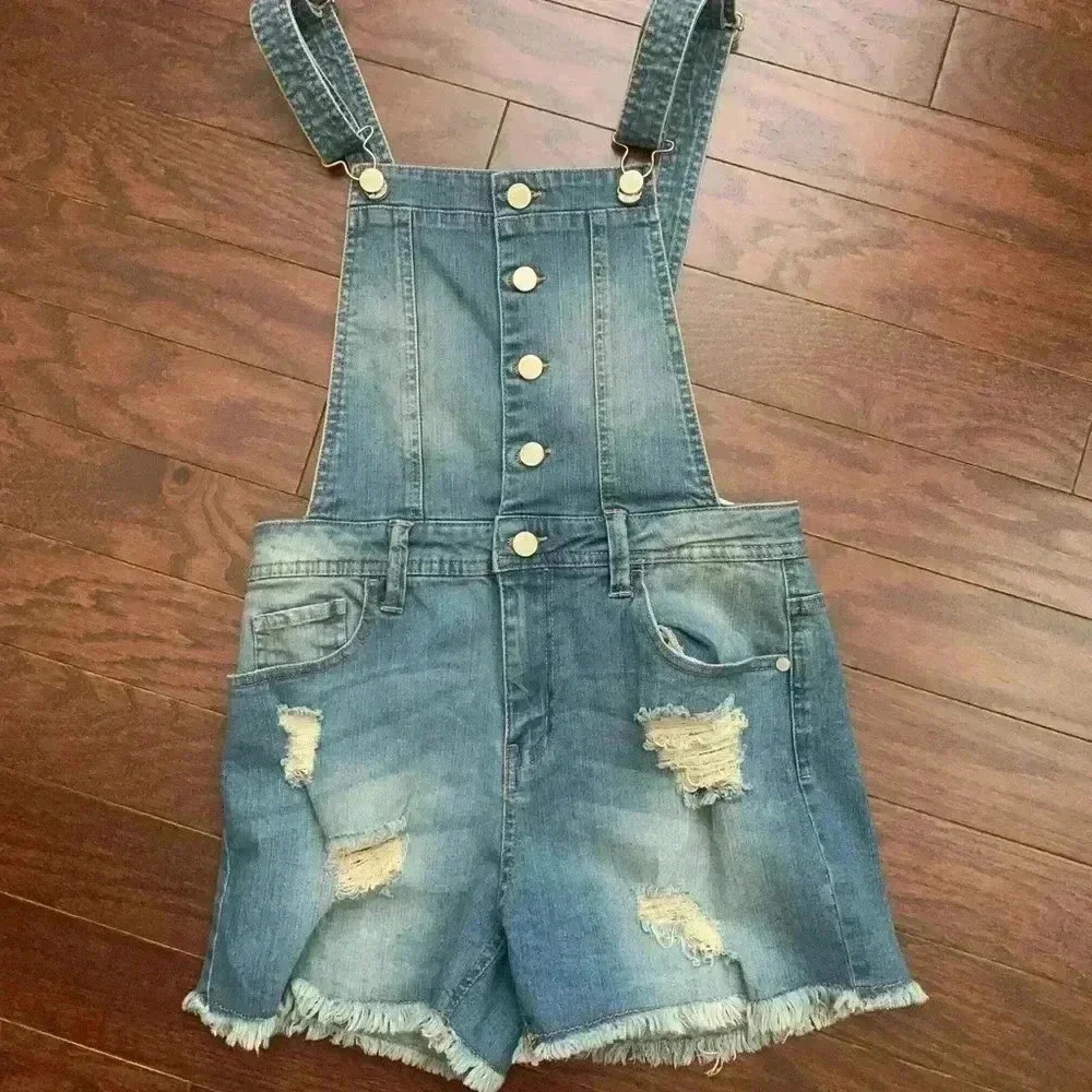 Francesca’s Denim Distressed Overall Shorts